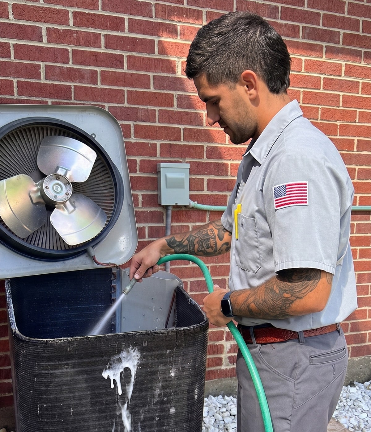 Sunrise HVAC technician hosing down and cleaning the condenser coil fins of an outdoor air conditioning unit